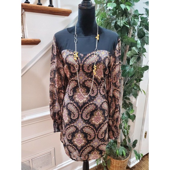 Xhilaration Brown Paisley Polyester Round Neck Long Sleeve Knee Length Dress XL - Picture 1 of 13